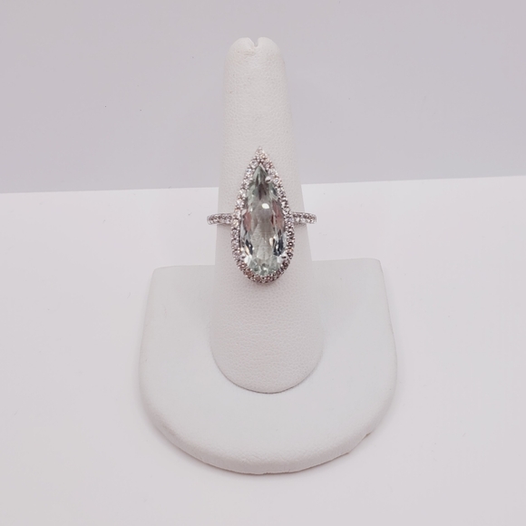 Montezuma Prasiolite & White Zircon Pear Shape Halo Ring in Platinum | Sterling